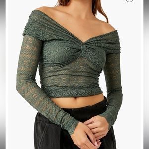 Free people Hold Me Closer Lace Off the Shoulder Crop Top, Green, Size Small